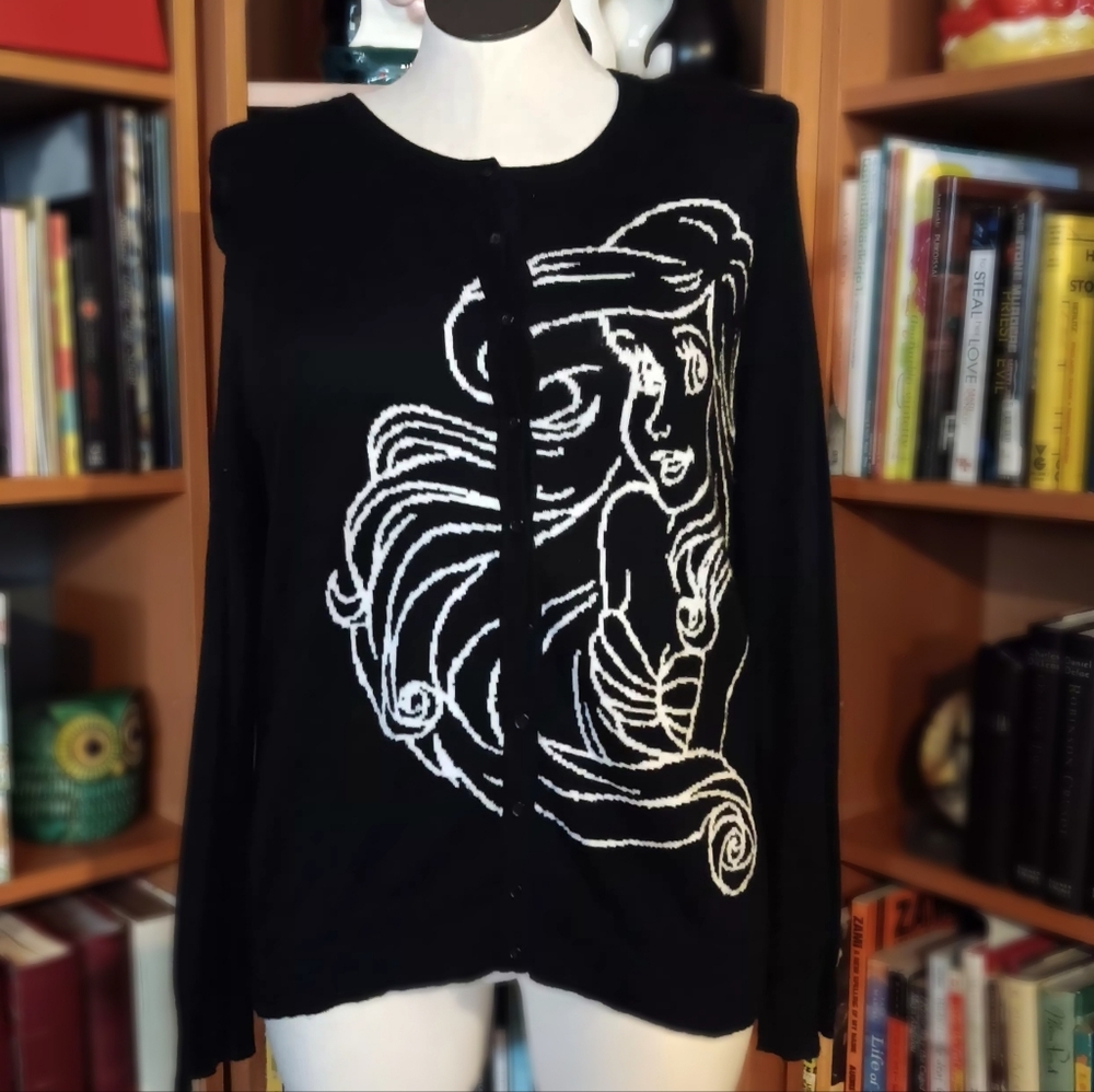 Torrid Disney Little Mermaid Ariel Black and White Button Down Cardigan Sweater - Picture 2 of 6